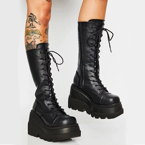DEleventh Shoes 598-72 Women Winter Boots high heel wedge platform boots for ladies plus size 43 black thick bottom women boots