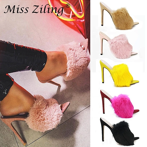 DEleventh Women Shoes 266-3 New Arrivals Pointed Open Toe High Heels custom Furry Slippers Stilettos Ladies Sexy Heels in stock