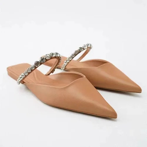 DEleventh Shoes Z-10098 unique pointed flat sandals classic beige soft footwear slip on women slippers rhinestone mules shoes