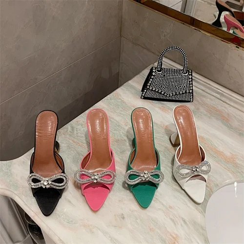 Deleventh shoes 115422 fashion women shoes pointy peep toe quality ladies rhinestone bowknot elegant high heel slippers stock