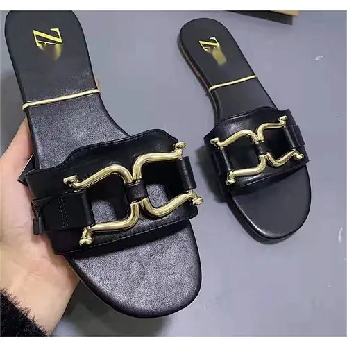 DEleventh Shoes 114998 Quality Women Flat Slipper Outdoor Indoor Slipper Ladies Shoes metal buckle casual beach slipper stock