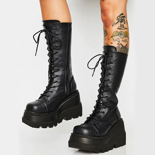 DEleventh Shoes Popular Women Winter Boots high heel wedge platform boots for ladies plus size 43 black thick bottom women boots
