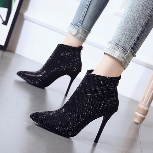 Deleventh Shoes Woman New Style 2020 Elegant Pointy Toe Stiletto Heel High Short Boot Sexy Rhinestone Martin Boots Winter Black