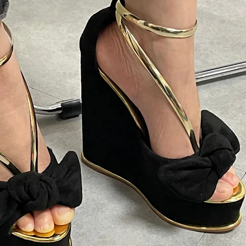 115228 DEleventh Shoes women heels platform chunky wedge Sandals 16cm high heel bow ladies summer sandals designer heels