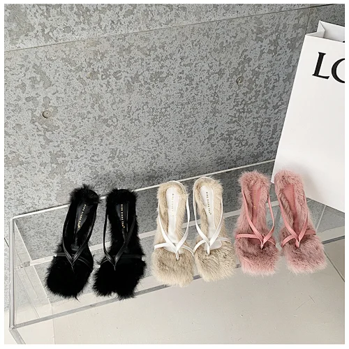 DEleventh Shoes DXS1 Fashion Women Heeled Sandals Pumps Square Toe Flip Flops High Heels Black Pink Beige Soft Furry Heels