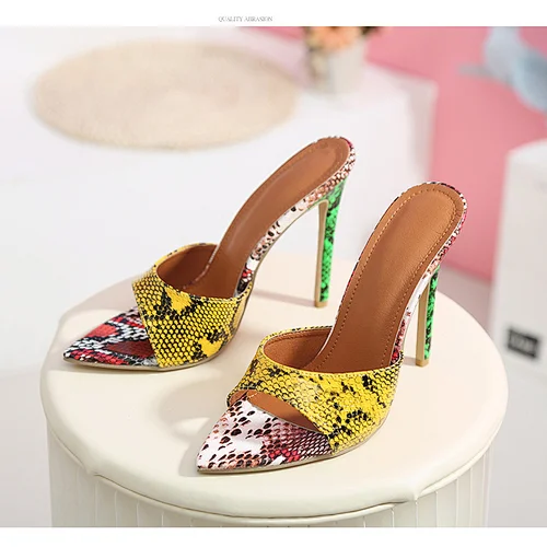 DEleventh Shoes 702 Slip on Thin Heel Slippers Women designer heels New Fashion snake skin yellow heeled slippers dress shoes