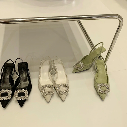 DEleventh shoes 83648 popular women shoes elegant quality diamond heels square rhinestone heeled shoes black white green heels