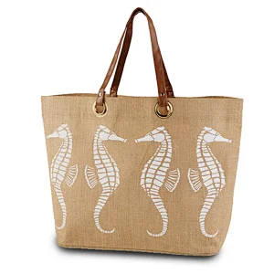 Women's Fashion beach bag tote sea horse printing jute burlap beach straw bags