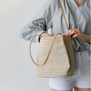 China Manufacturer OEM Women Custom Fashion Fancy Hand Woven Straw Rattan Beach Bag With Leather Hand Tote