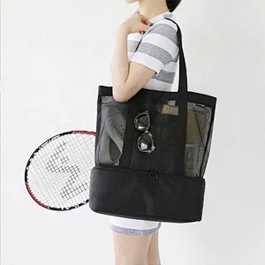 2019 NEW Design Fashion Large Black Mesh Beach Tote Bag with Grocery Insulated Picnic Cooler