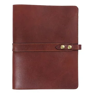 simple brown pu leather portfolio with two-position solid brass snap