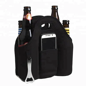 Insulated neoprene cooler bag plastic 6 pack beer bottle holder with Opener