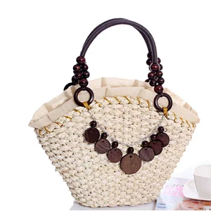 2019 new lace shoulder pleated skirt hand woven round wood straw beach bag