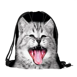 New 3D cool cute cat printed waterproof polyester drawstring backpack for kids