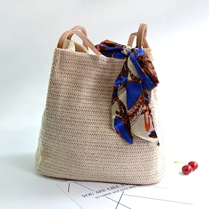 2019 New Style Canvas Chevron Print Designer Seagrass round straw beach bag with scarf fittings