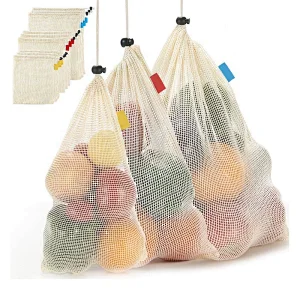Reusable Storage Fruit Pouch Shopping Grocery Bag Biodegradable Organic Cotton Mesh Bags for Vegetable