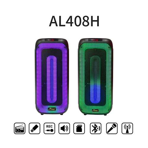 Manufactory Price 2*8inch LED light Karaoke  AL408HWireless OEM Portable BT Party Speaker