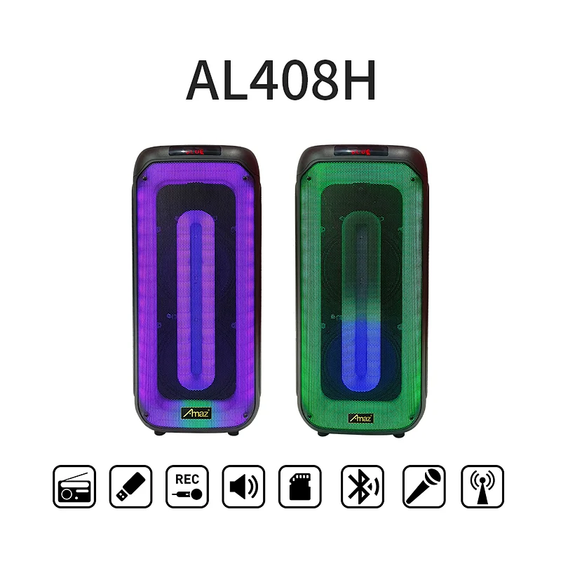 Manufactory Price 2*8inch LED light Karaoke AL408HWireless OEM Portable BT Party Speaker