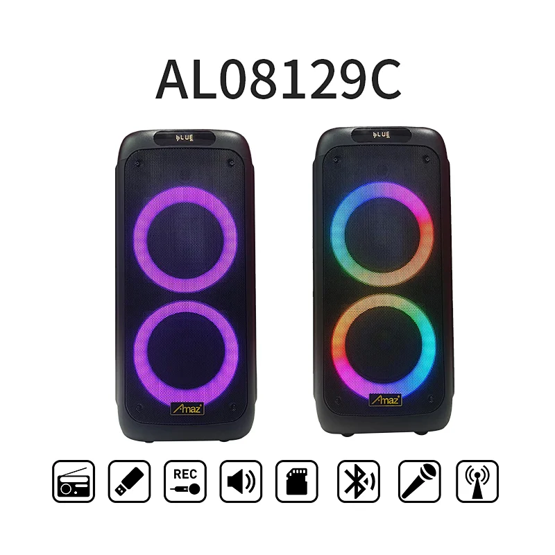 Manufactory Price 2*8inch LED light Karaoke AL08129C Wireless OEM Portable BT Party Speaker