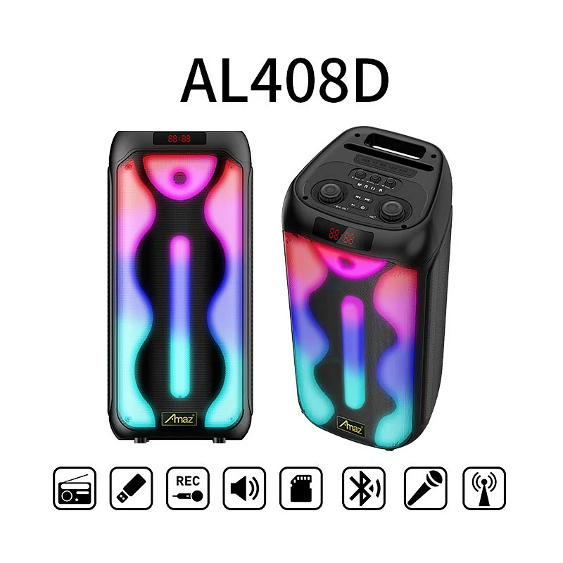 Manufactory Price 2*8inch LED light Karaoke AL408DWireless OEM Portable BT Party Speaker