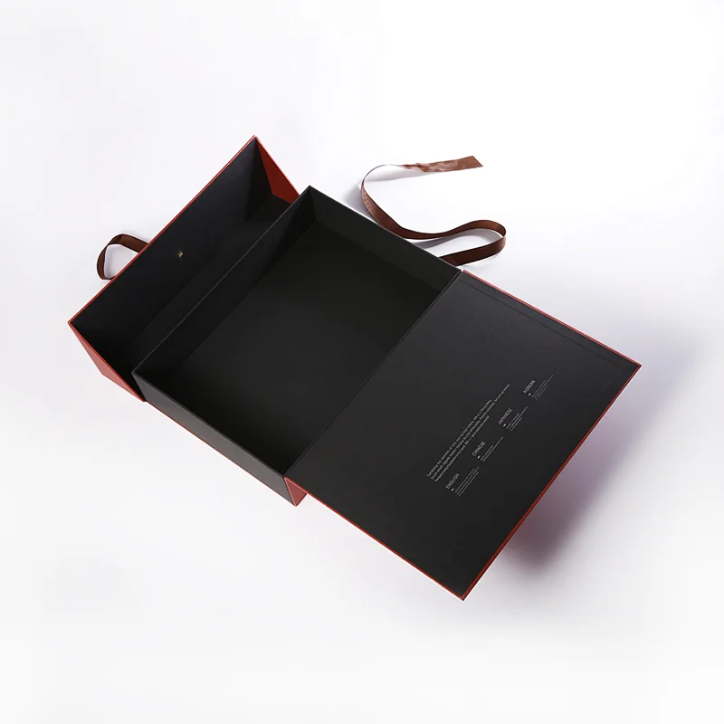 Custom stamping logo cardboard clamshell style luxury handmade packaging with satin ribbon gift box