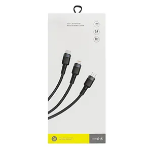 Three in one USB data cable with fabric braided material durable and efficient 2.4A