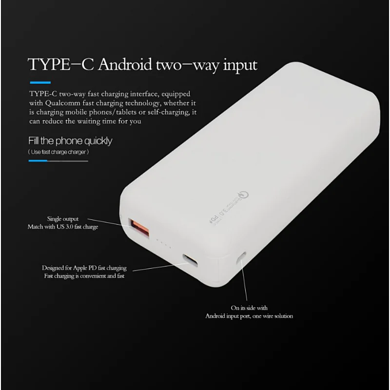20000mAh power bank with Type C Android two qualcomm PD fast charging technology interface and output