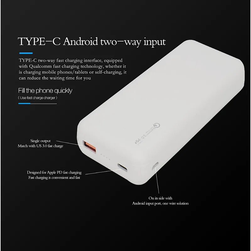 20000mAh power bank with Type C Android two qualcomm PD fast charging technology interface and output