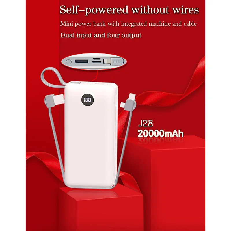 10000mAh Mini power bank with intergrated cable dual input and four output