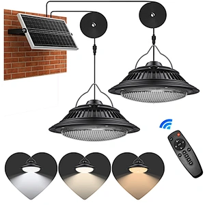 Solar Pendant Lights Indoor Outdoor with Remote Control, 120LEDs Solar Powered Shed Light IP65 Waterproof for Home Barn Chicken Coop Gazebo(Tricolor Light)