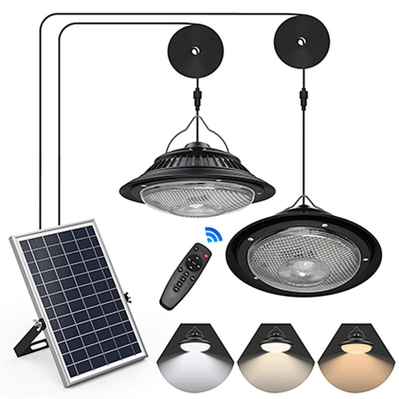 Solar Pendant Lights Motion Sensor, 5 Modes Outdoor Shed Solar Lights Indoor Waterproof, Dimmable Remote & 16Ft Cord for Barn Patio Chicken Coop Gazebo Garage,tricolor