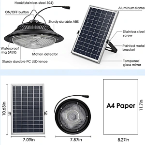 Solar Pendant Lights Motion Sensor, 5 Modes Outdoor Shed Solar Lights Indoor Waterproof, Dimmable Remote & 16Ft Cord for Barn Patio Chicken Coop Gazebo Garage,tricolor