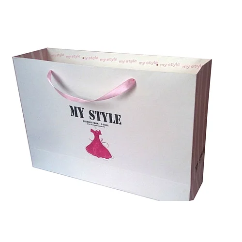 Cloth Garment Use Custom Hot Stamping SIlver Logo Brand Handle Hard Paper Bag With Ribbon