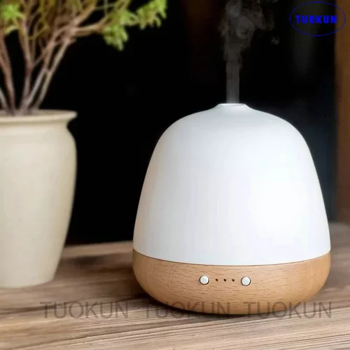 Essential Oil Diffuser Lamp, White Ceramic + Wood, Ultrasonic 180ml, Whispersoft, 4 Timers + 5 Light Settings, Auto Shut Off, Home + Office, Humidifie