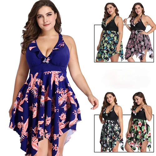 5XL Plus size Ladies Bathing Suit Dress Swimsuits Tummy Cover One Piece Cover Up   SwimwearDress