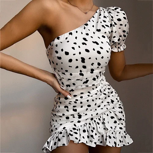 2021 Sexy Ruffled polka Leopard Flare Sleeve Mini Dress Women fashion one-shoulder prom dresses women casual korean style