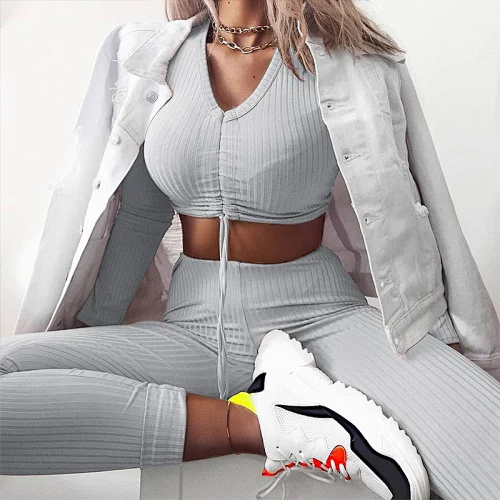 Custom Women Drawstring Knitted Crop Top T-shirt And Pants Set Ladies Workout Fitness Clothing Set
