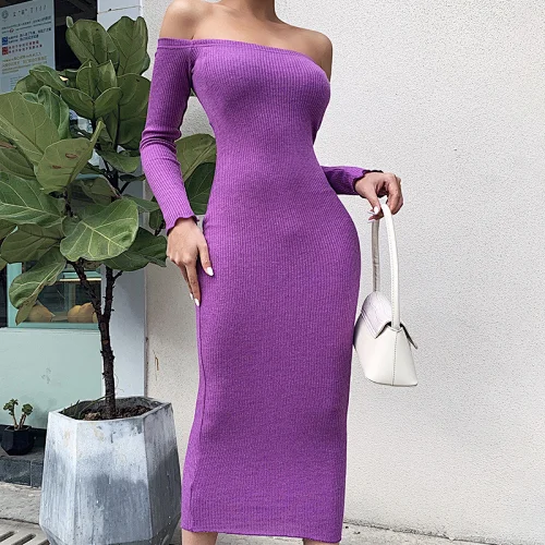 Women Clothing Off Shoulder Dress Fashion Ladies Tube top Long Sleeve Bodycon Dress Casual Dresses