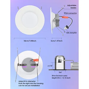 Smart Recessed Lighting 5/6 Inch 15W RGBCW 1400LM Eqv 125w LED Retrofit Can Lights, WiFi+BLE Mode with BT Remote Controller Dimmable Recessed Lights, Work with Alexa/Google Assistant, 6 Pack