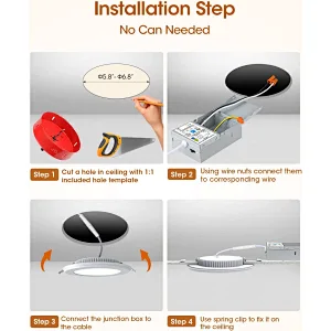 带小夜灯的嵌入式照明 6 英寸, 14W 1300 流明 5CCT 可调光超薄 LED 嵌入式灯, 2700K/3500K/4000K/5000K/6500K 无罐筒灯, CRI 90, ETL & FCC,