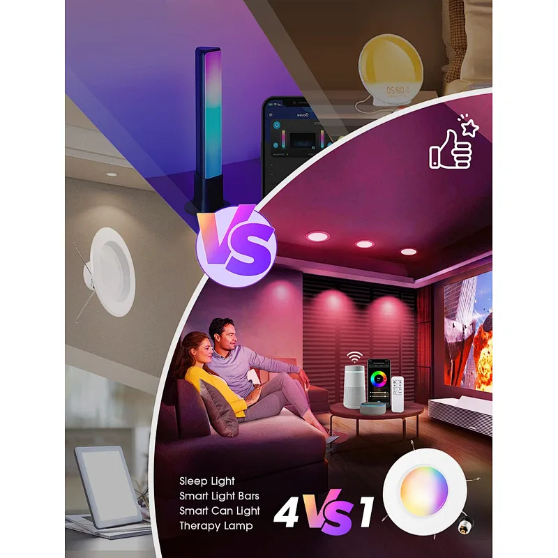 智能嵌入式照明 5/6 英寸 15W RGBCW 1400LM Eqv 125w LED 改装罐头灯, WiFi+BLE 模式带 BT 遥控器可调光嵌入式灯, 与 Alexa/Google Assistant 一起使用, 6 件装