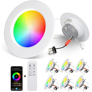 Smart Recessed Lighting 5/6 Inch 15W RGBCW 1400LM Eqv 125w LED Retrofit Can Lights, WiFi+BLE Mode with BT Remote Controller Dimmable Recessed Lights, Work with Alexa/Google Assistant, 6 Pack