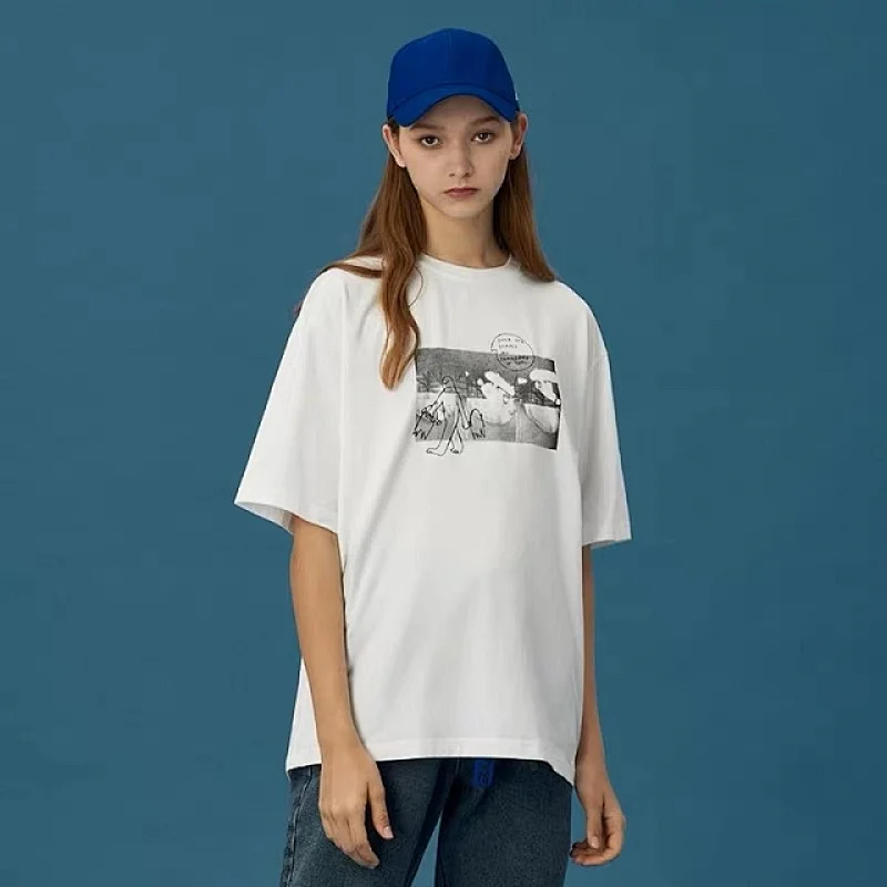 White Women's Cotton O-Neck Print Short Sleeve Korean Style Top Female Summer T-shirt