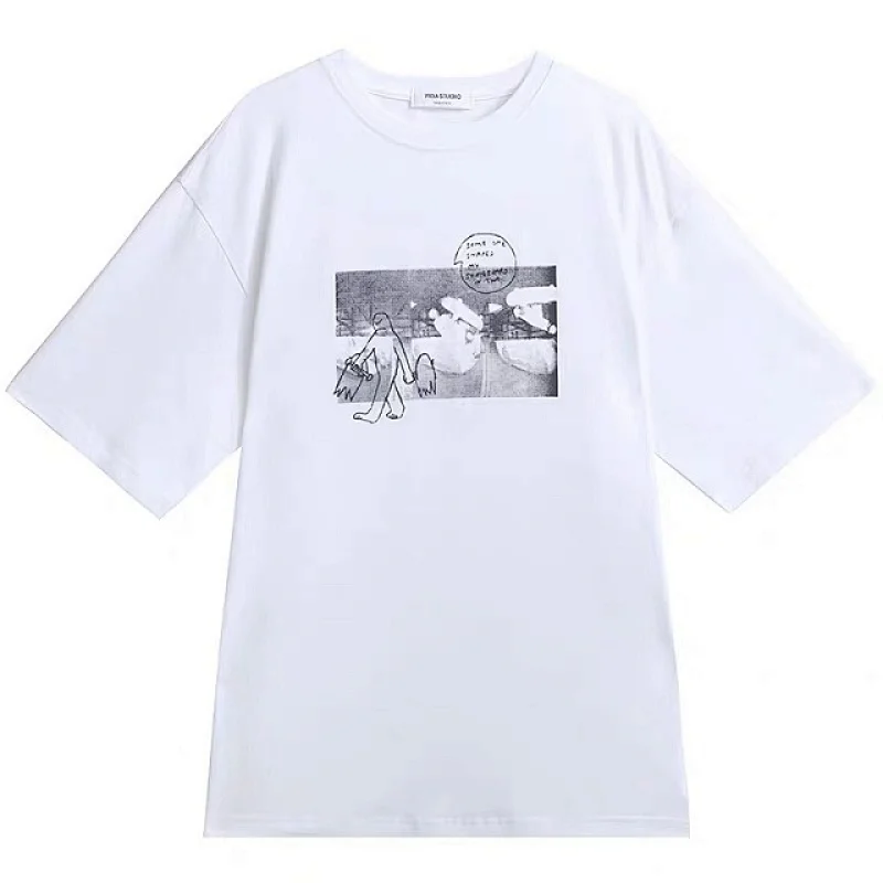 White Women's Cotton O-Neck Print Short Sleeve Korean Style Top Female Summer T-shirt