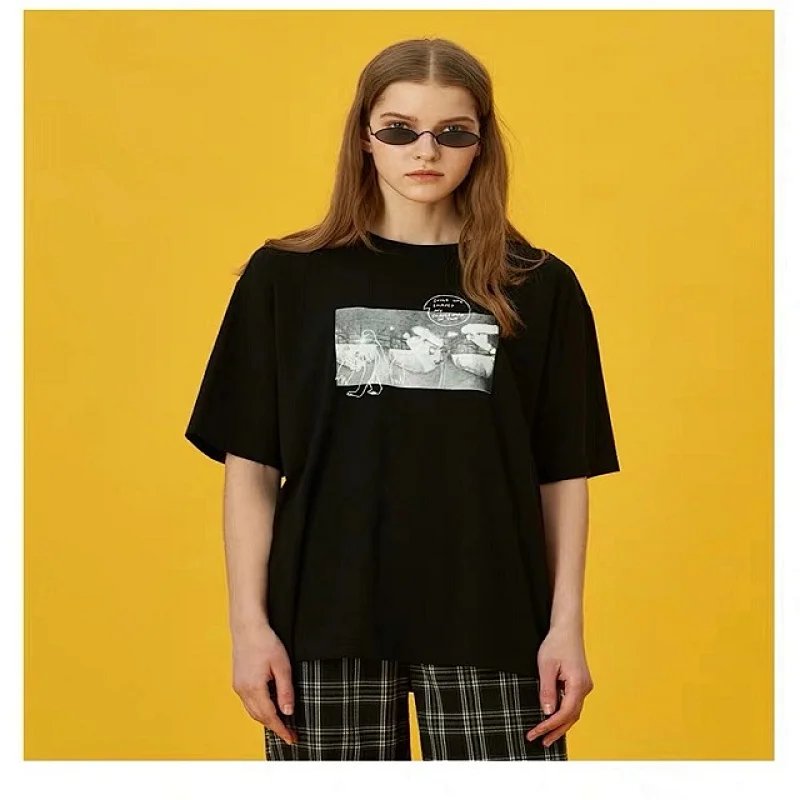 White Women's Cotton O-Neck Print Short Sleeve Korean Style Top Female Summer T-shirt