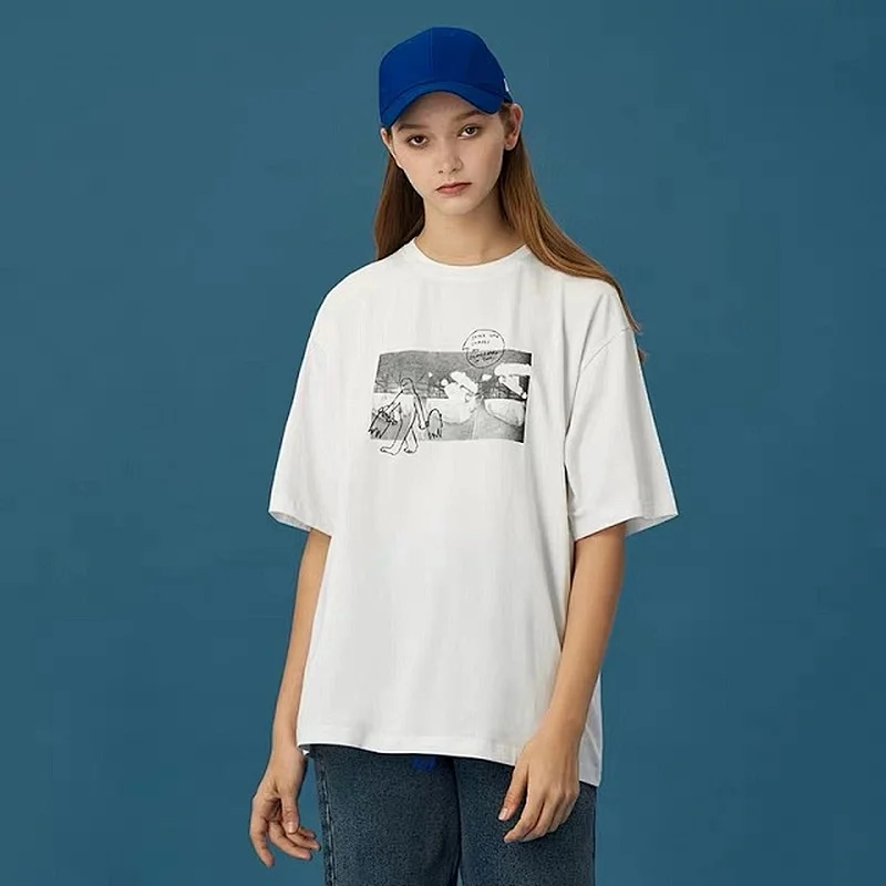 White Women's Cotton O-Neck Print Short Sleeve Korean Style Top Female Summer T-shirt
