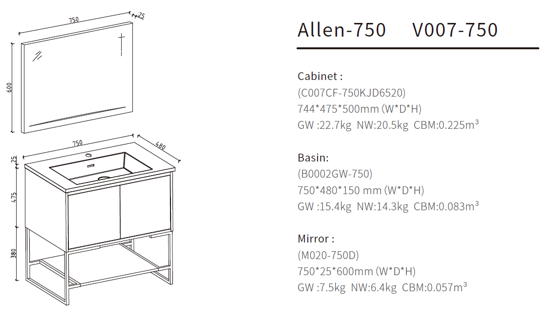 floor standing bathroom vanity size 750