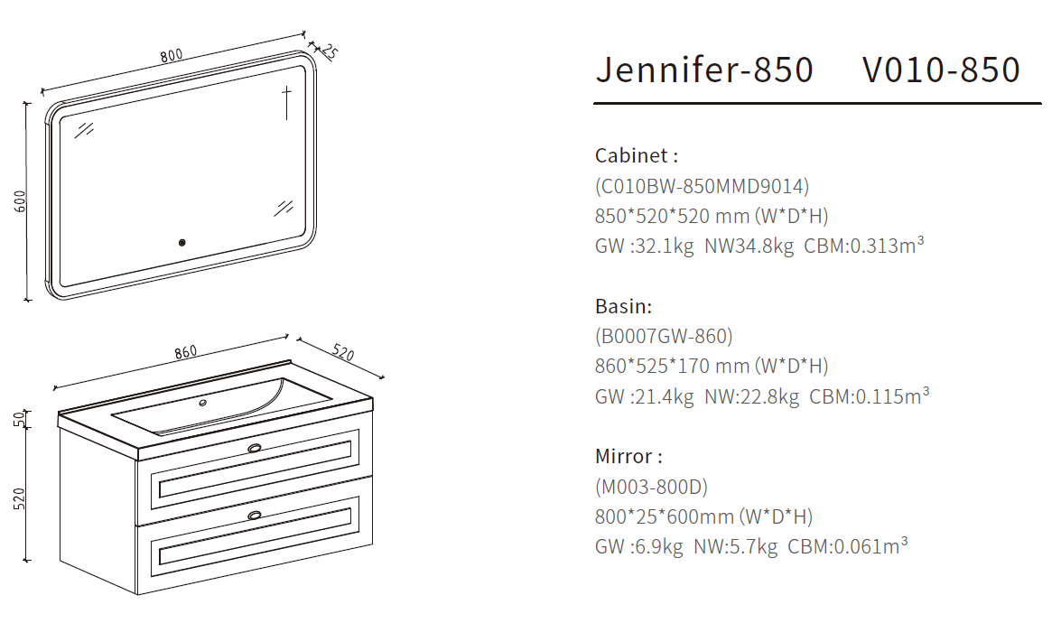 single wall hung bathroom vanity size 850