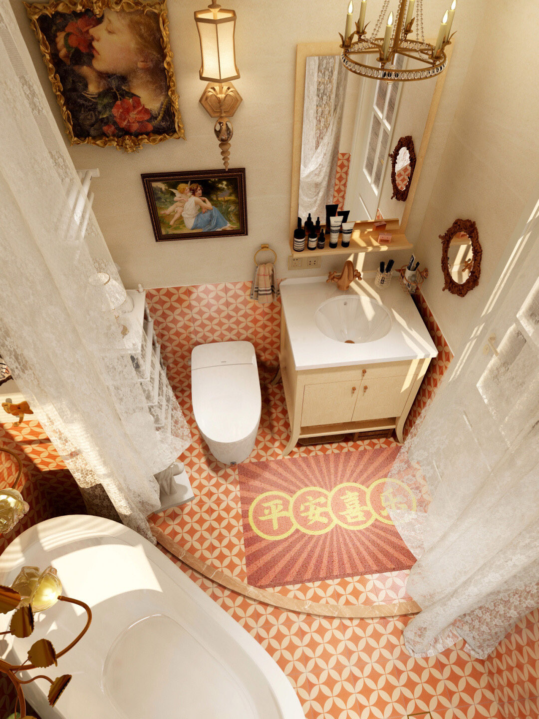 Interior shot di un moderno bagno in primo piano del lavandino armadio con  un bancone lavabo e il grande specchio rotondo vicino alla cabina doccia  Foto stock - Alamy