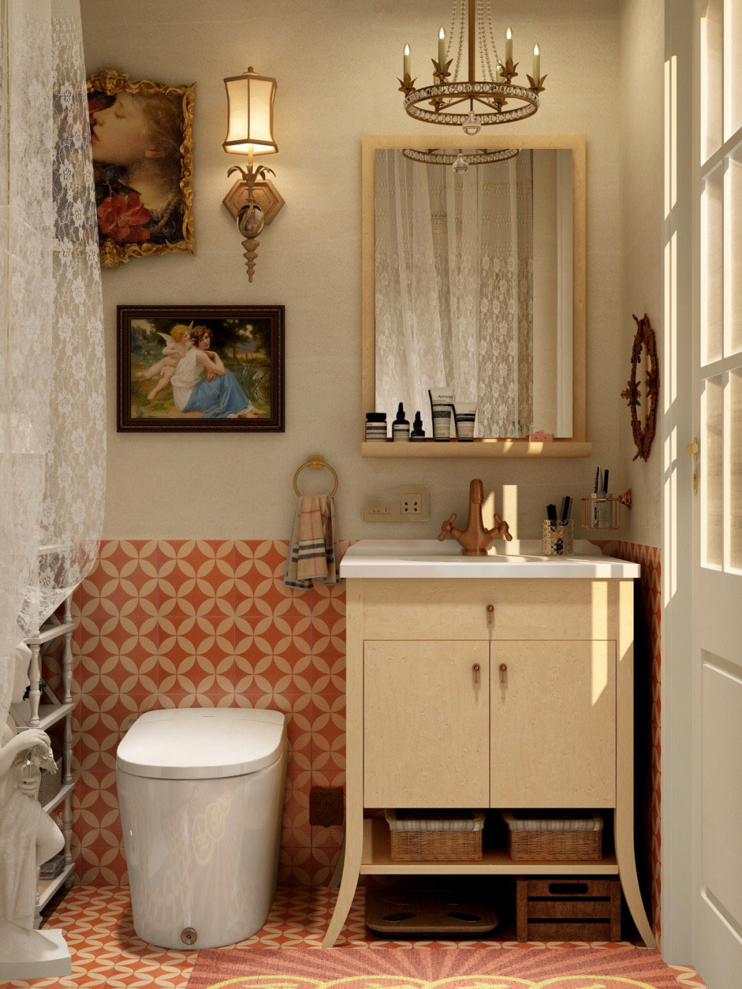 Interior shot di un moderno bagno in primo piano del lavandino armadio con  un bancone lavabo e il grande specchio rotondo vicino alla cabina doccia  Foto stock - Alamy